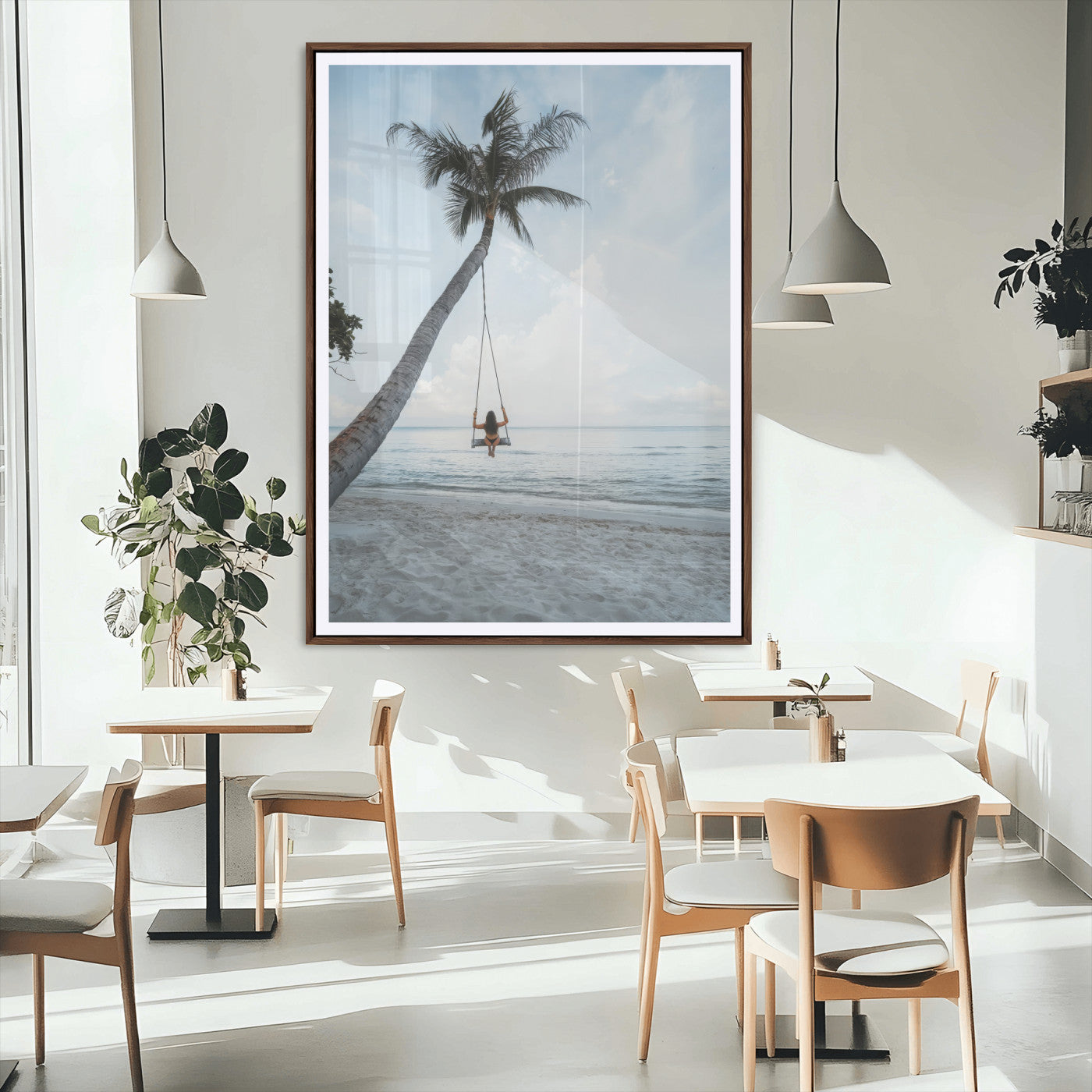 86062249-MGC-FP-24x36_Walnut-Tropical Swing Wall Art Canvas Print, Framed Ocean Horizon Art Picture Print, Palm Trees Perfect Tropical Minimalist Decor Artwork