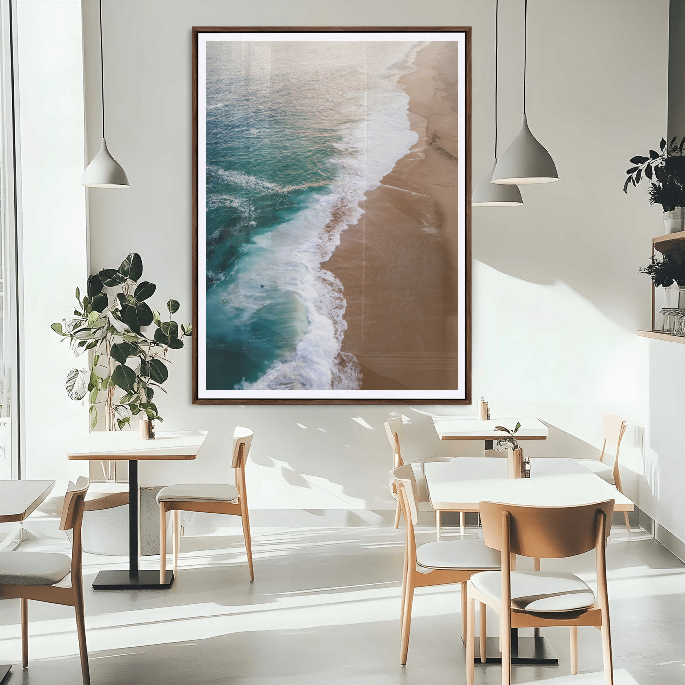 46042804-MGC-FP-24x36_Walnut-Aerial Beach Wall Art Canvas Print, Framed Coastal Waves Art Picture Print, Turquoise Ocean Perfect Modern Coastal Decor Artwork