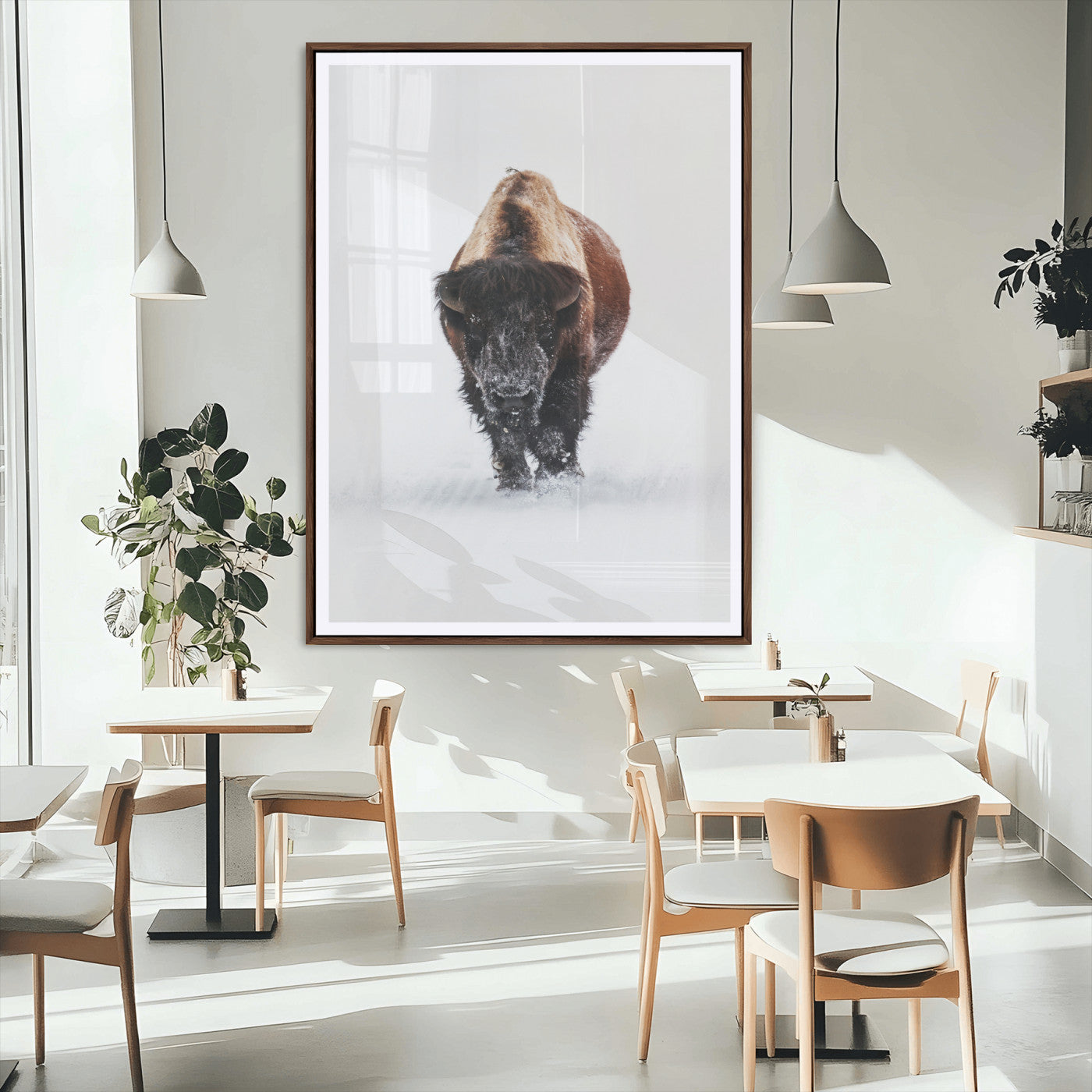 11394883-MGC-FP-24x36_Walnut-Winter Bison Wall Art Canvas Print, Framed Rustic Wildlife Art Picture Print, Bold Animal Art Perfect Rustic Lodge Decor Artwork