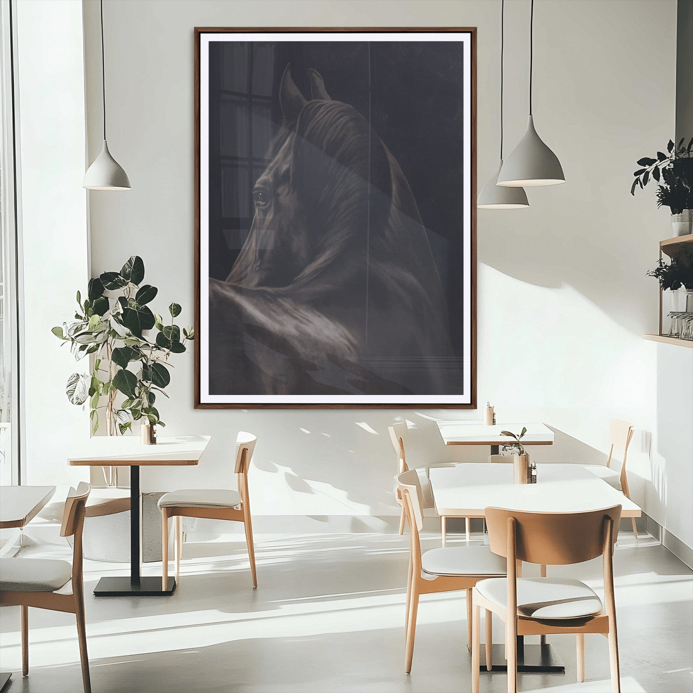 67026880-MGC-FP-24x36_Walnut-Black Horse Portrait Wall Art Canvas Print, Framed Moody Horse Decor Art Picture Print, Equestrian Wall Style Perfect Masculine