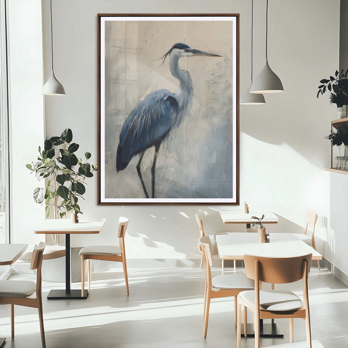51380726-MGC-FP-24x36_Walnut-Blue Heron Decor Wall Art Canvas Print, Framed Coastal Bird Design Art Picture Print, Minimal Heron Portrait Perfect Coastal