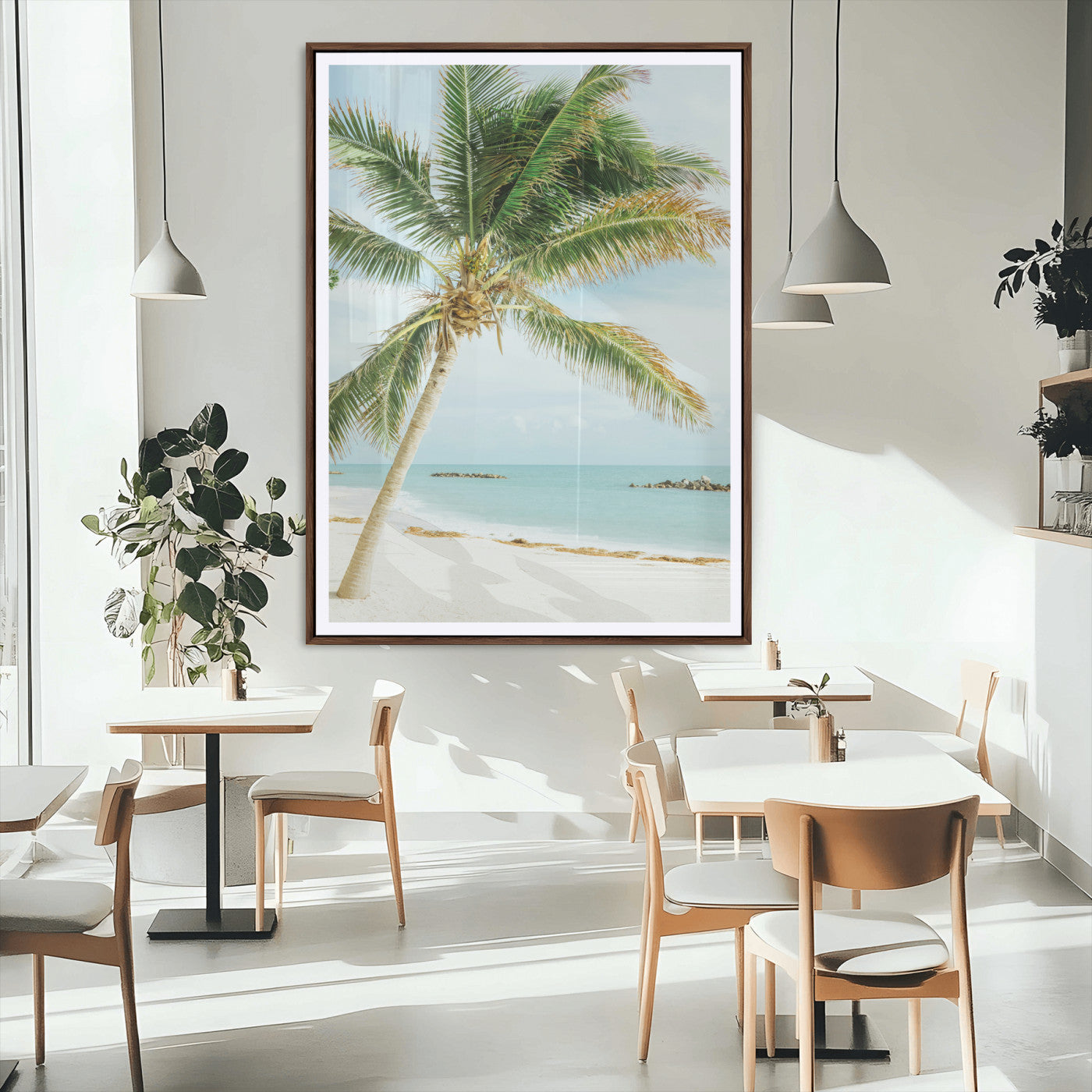 83804429-MGC-FP-24x36_Walnut-Palm Tree Wall Art Canvas Print, Framed Tropical Beach Art Picture Print, Soft Sand Perfect Tropical Coastal Decor Artwork