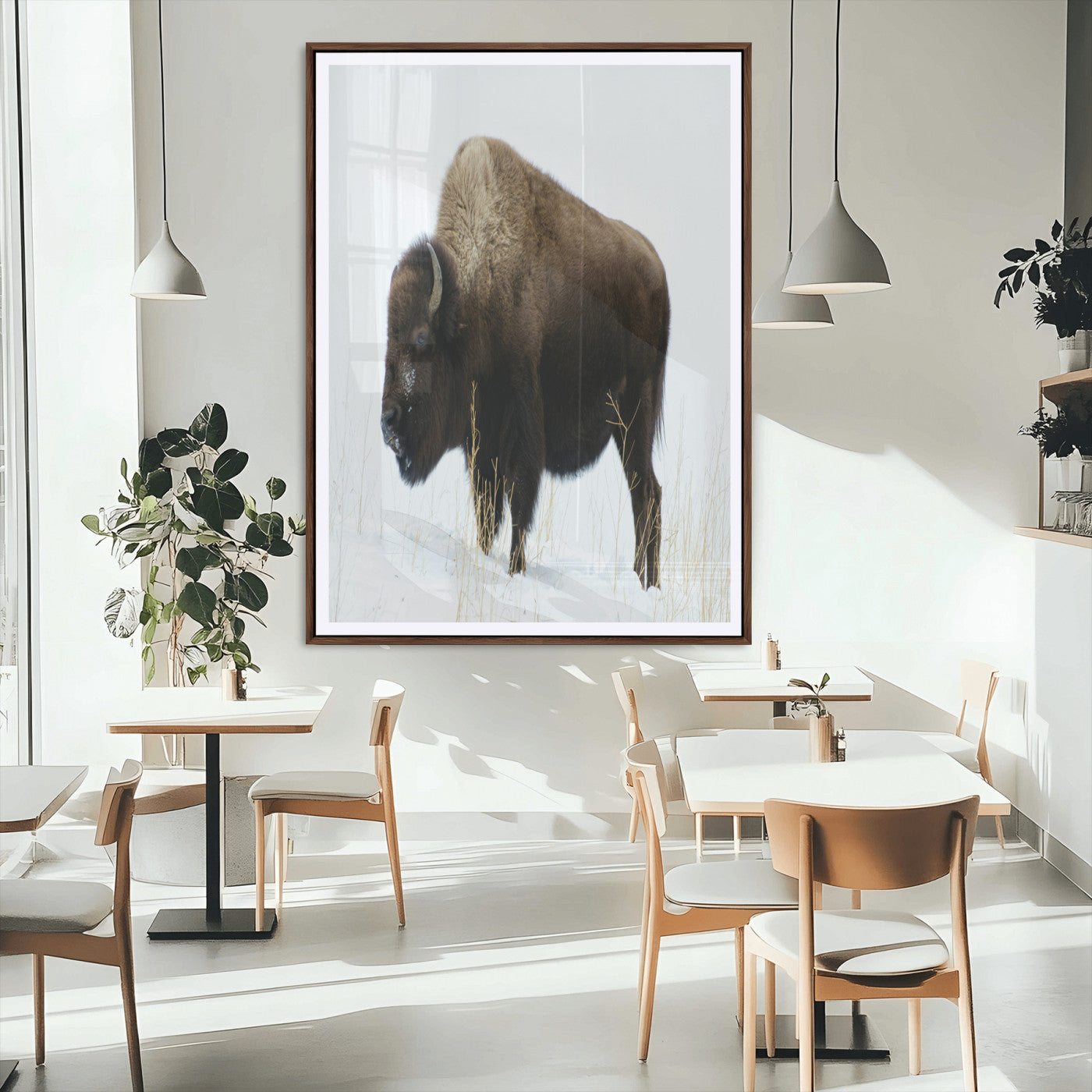 76778120-MGC-FP-24x36_Walnut-Bison Photography Wall Art Canvas Print, Framed Western Wildlife Art Picture Print, Buffalo On Snow Perfect Western Rustic Decor