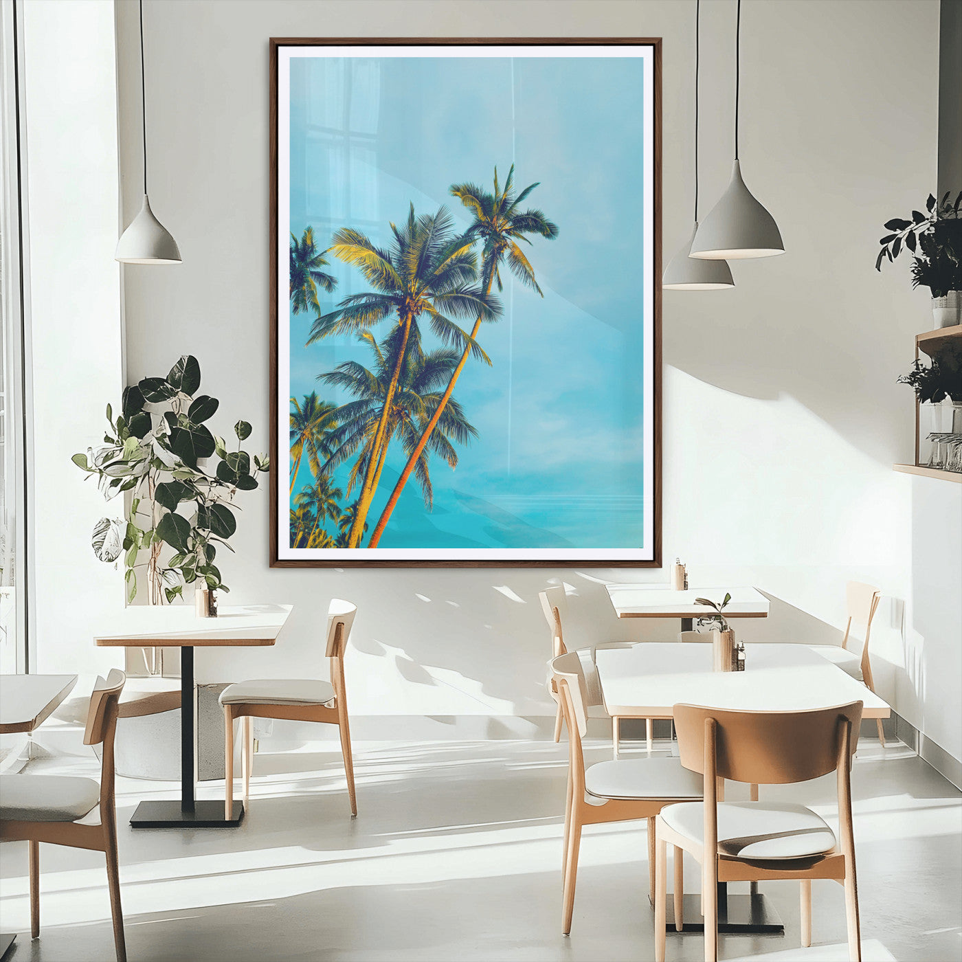 62885569-MGC-FP-24x36_Walnut-Palm Trees Wall Art Canvas Print, Framed Tropical Vibes Art Picture Print, Blue Sky Perfect Coastal Boho Decor Artwork
