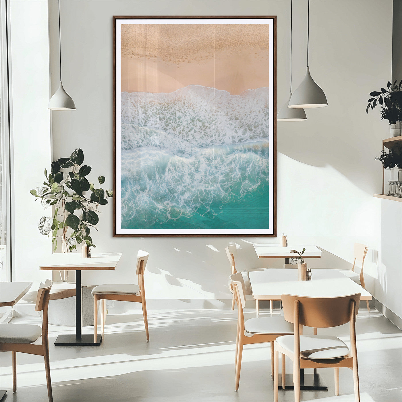 91434062-MGC-FP-24x36_Walnut-Beach Aerial Wall Art Canvas Print, Framed Soft Waves Art Picture Print, Ocean Tranquility Perfect Coastal Minimalist Decor