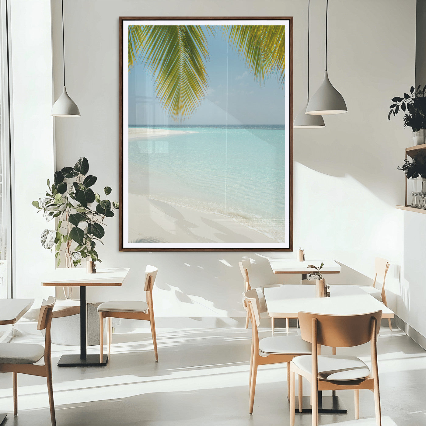 90359351-MGC-FP-24x36_Walnut-Azure Water Wall Art Canvas Print, Framed Tranquil Island Escape Art Picture Print, Clear Blue Ocean Perfect Coastal Minimalist