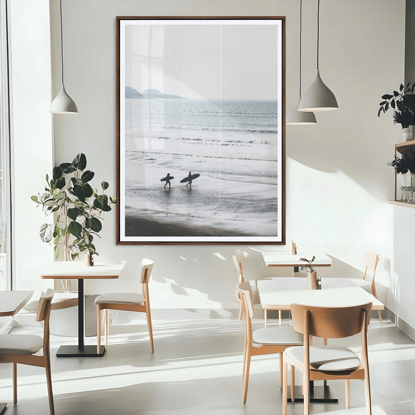 58090796-MGC-FP-24x36_Walnut-Surfer Silhouettes Wall Art Canvas Print, Framed Minimalist Ocean Art Picture Print, Soft Horizon Perfect Minimalist Coastal Decor