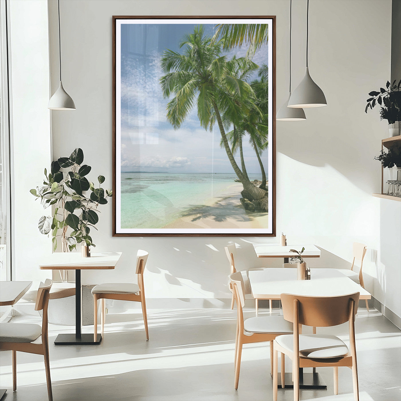 80489589-MGC-FP-24x36_Walnut-Tropical Beach Palm Trees Canvas Print – Island Coastal Wall Art, Bright Ocean Horizon Photography for Bathroom, Lounge & Vacation