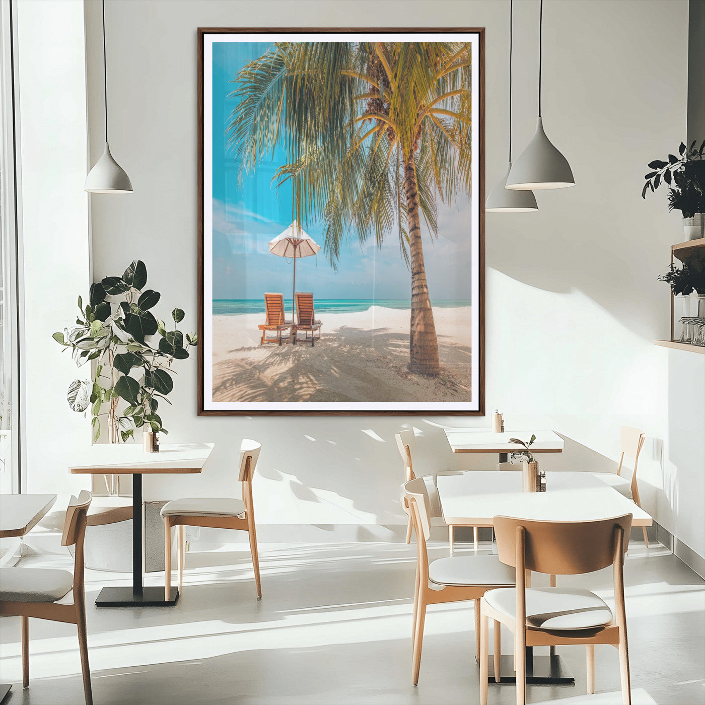 51024-MGC-FP-24x36_Walnut-Tropical Beach Wall Art Canvas Print, Framed Palm Tree Art Picture Print, Sandy Shoreline Perfect Minimalist Coastal Decor Artwork