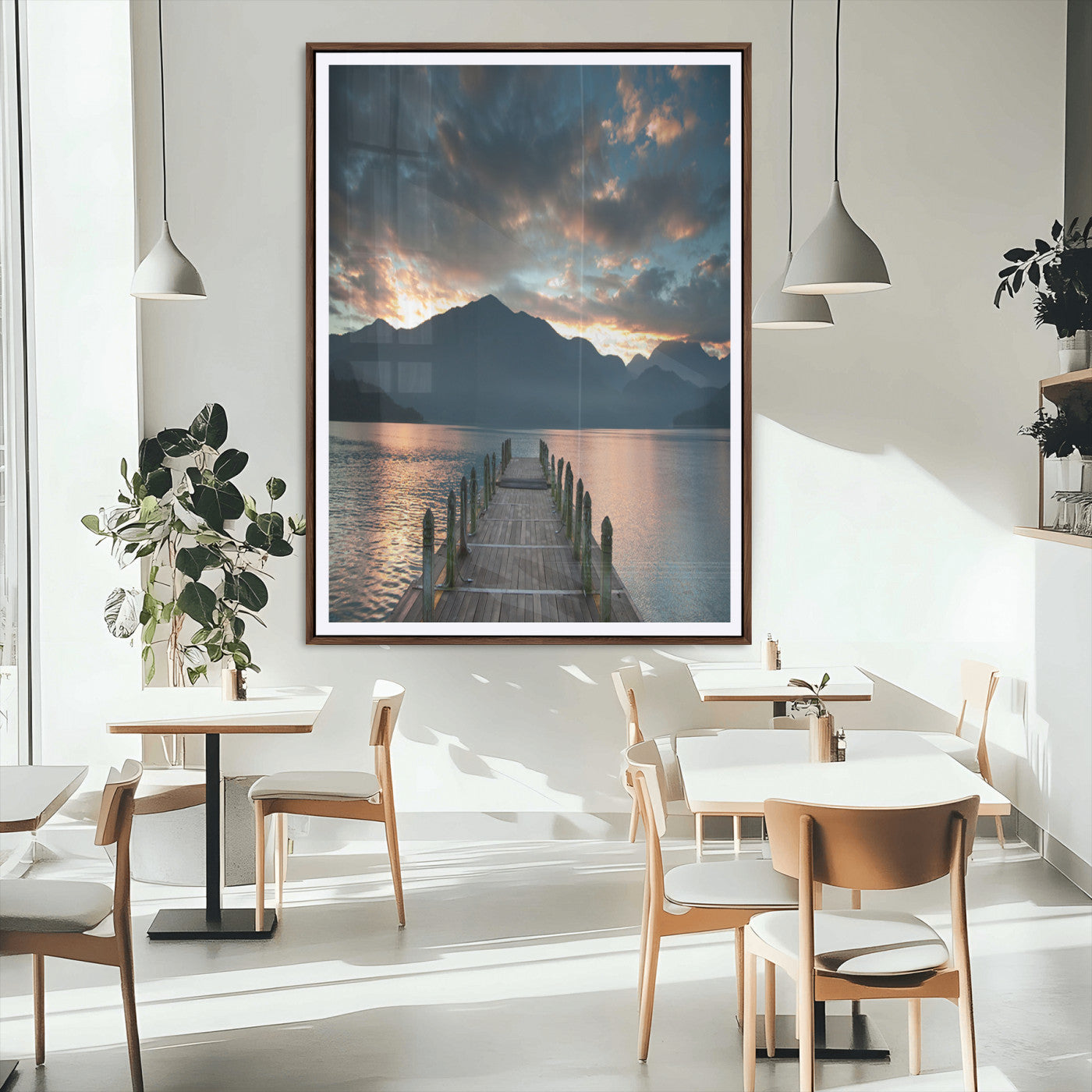 16043-MGC-FP-24x36_Walnut-Mountain Lake Wall Art Canvas Print, Framed Sunset Reflection Art Picture Print, Calm Horizon Perfect Moody Nature Decor Artwork
