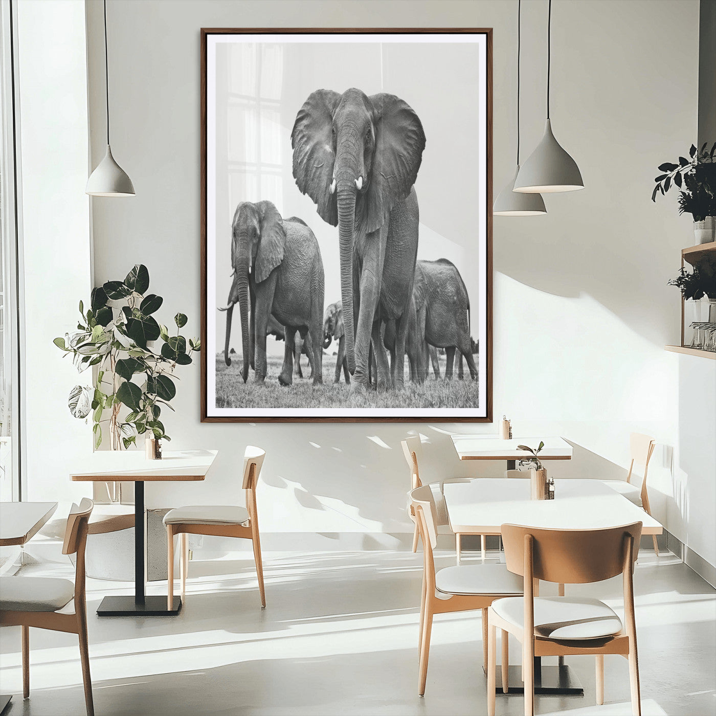 79634-MGC-FP-24x36_Walnut-Elephant Herd Wall Art Canvas Print, Framed African Elephant Art Picture Print, Monochrome Wildlife Perfect Monochrome Safari