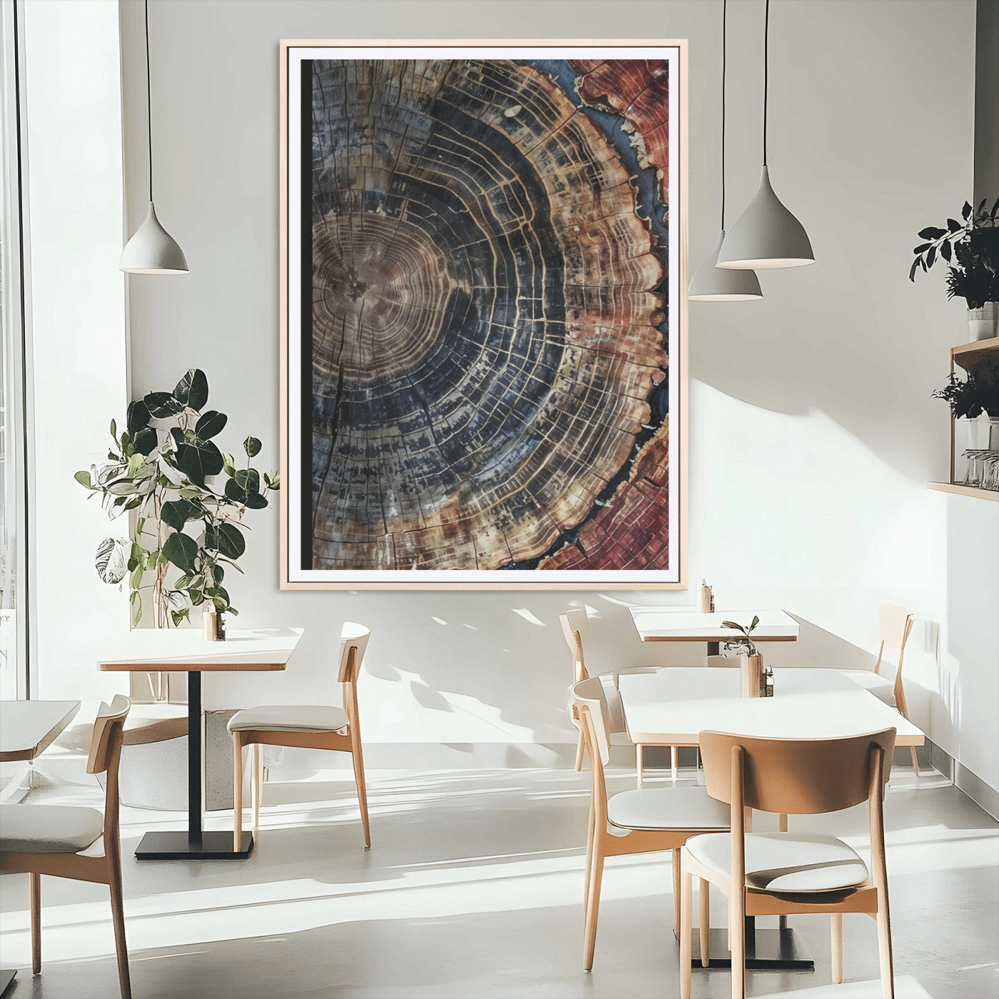 Test1-MGC-FP-24x36_Natural-Rustic Tree Ring Wall Art – Abstract Wood Grain Canvas Print, Natural Blue and Red Toned Artwork for Living Room, Bedroom, Office