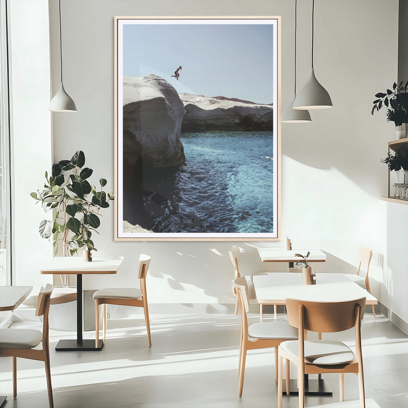 96853328-MGC-FP-24x36_Natural-Cliff Diving Wall Art Canvas Print, Framed Turquoise Sea Art Picture Print, Ocean Adventure Perfect Coastal Minimalist Decor