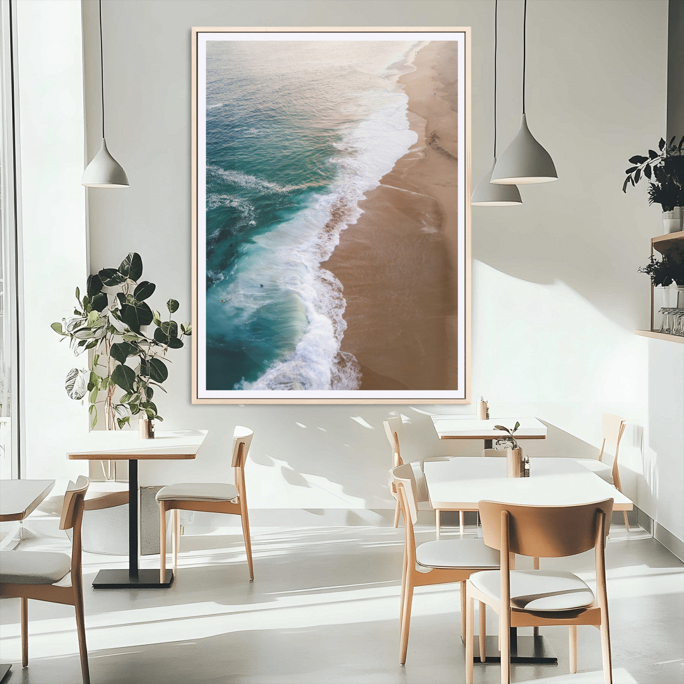 46042804-MGC-FP-24x36_Natural-Aerial Beach Wall Art Canvas Print, Framed Coastal Waves Art Picture Print, Turquoise Ocean Perfect Modern Coastal Decor Artwork