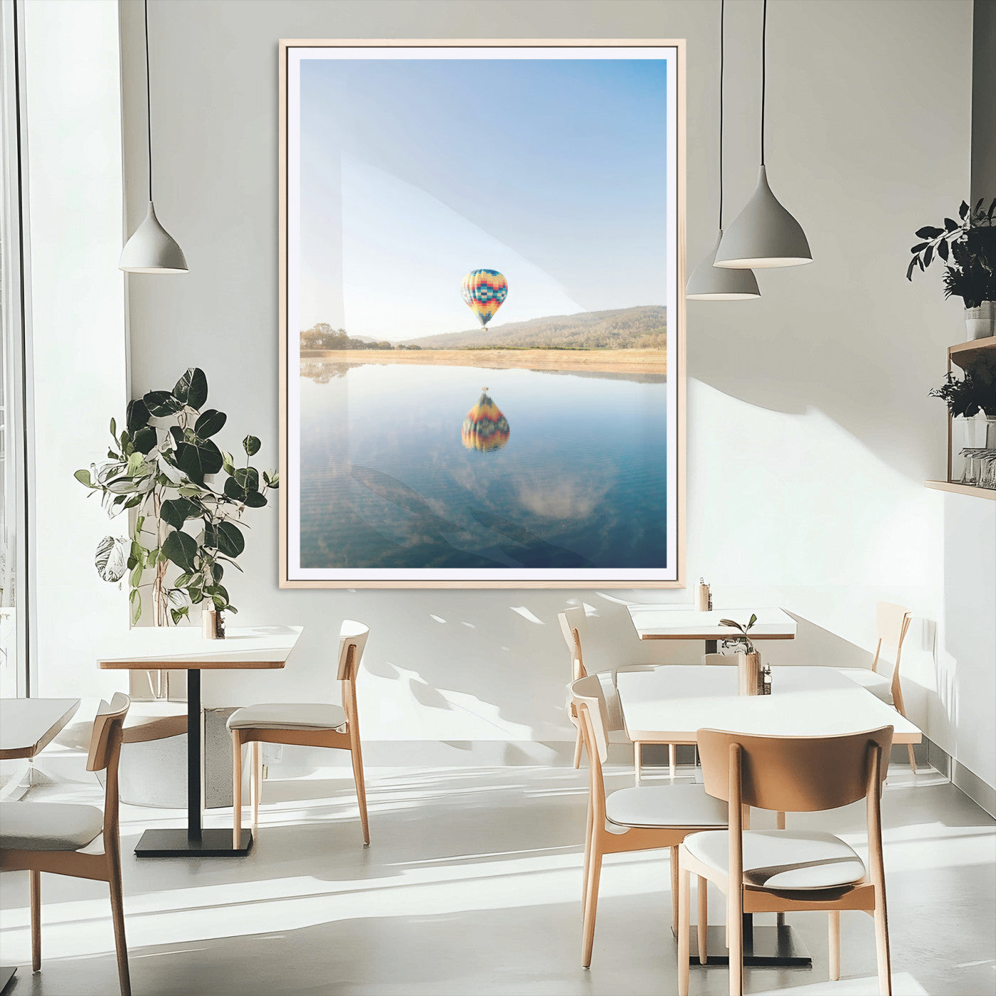 98091684-MGC-FP-24x36_Natural-Hot Air Balloon Wall Art Canvas Print, Framed Flight Reflection Art Picture Print, Peaceful Lakeside Perfect Modern Minimalist