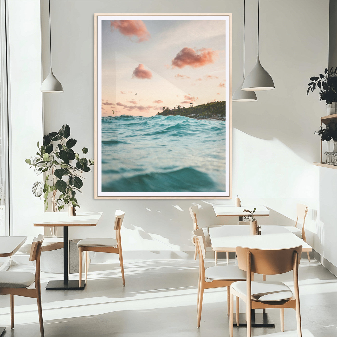 13960366-MGC-FP-24x36_Natural-Tropical Seascape Wall Art Canvas Print, Framed Sunset Ocean Art Picture Print, Coastal Aesthetic Perfect Coastal Bohemian Decor