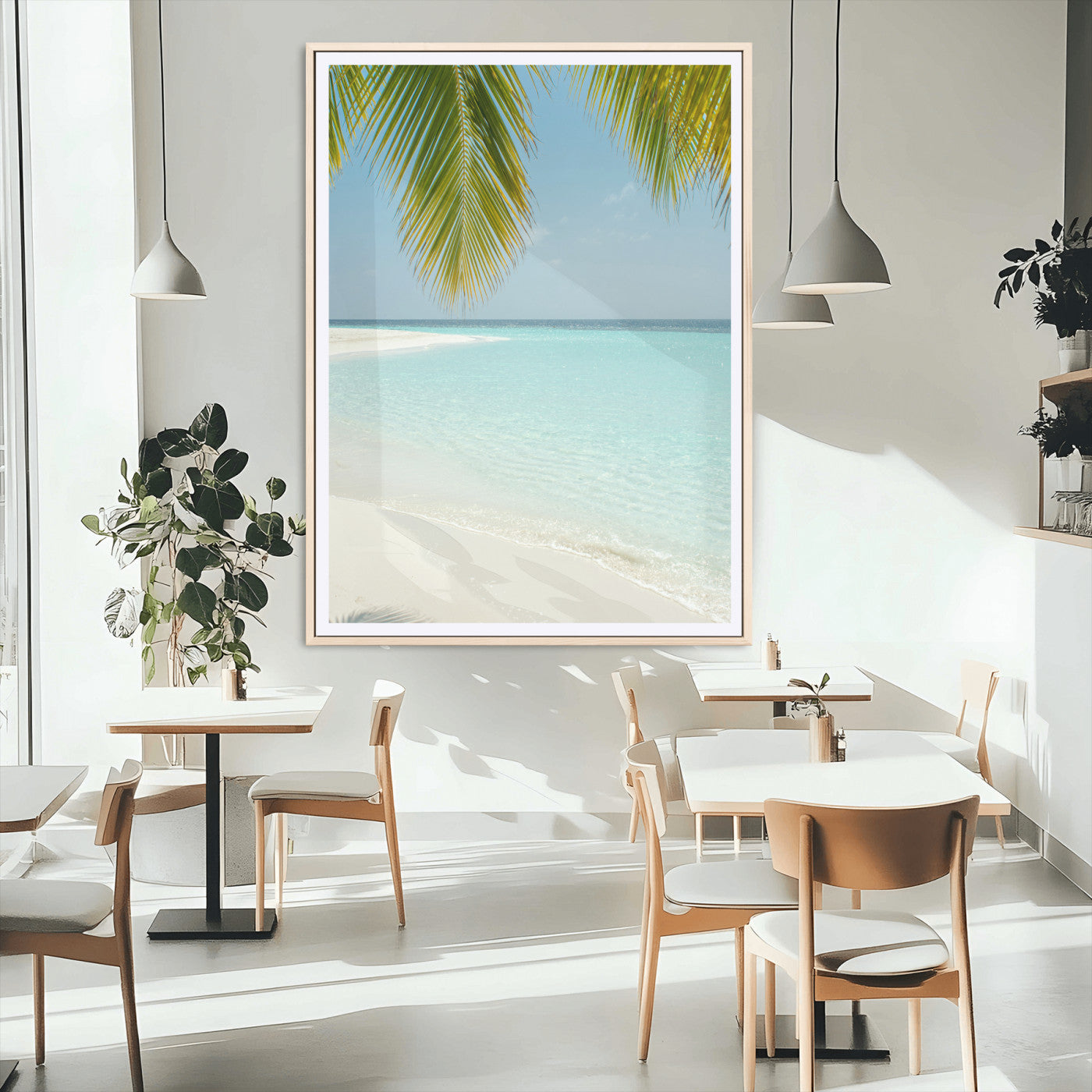 90359351-MGC-FP-24x36_Natural-Azure Water Wall Art Canvas Print, Framed Tranquil Island Escape Art Picture Print, Clear Blue Ocean Perfect Coastal Minimalist