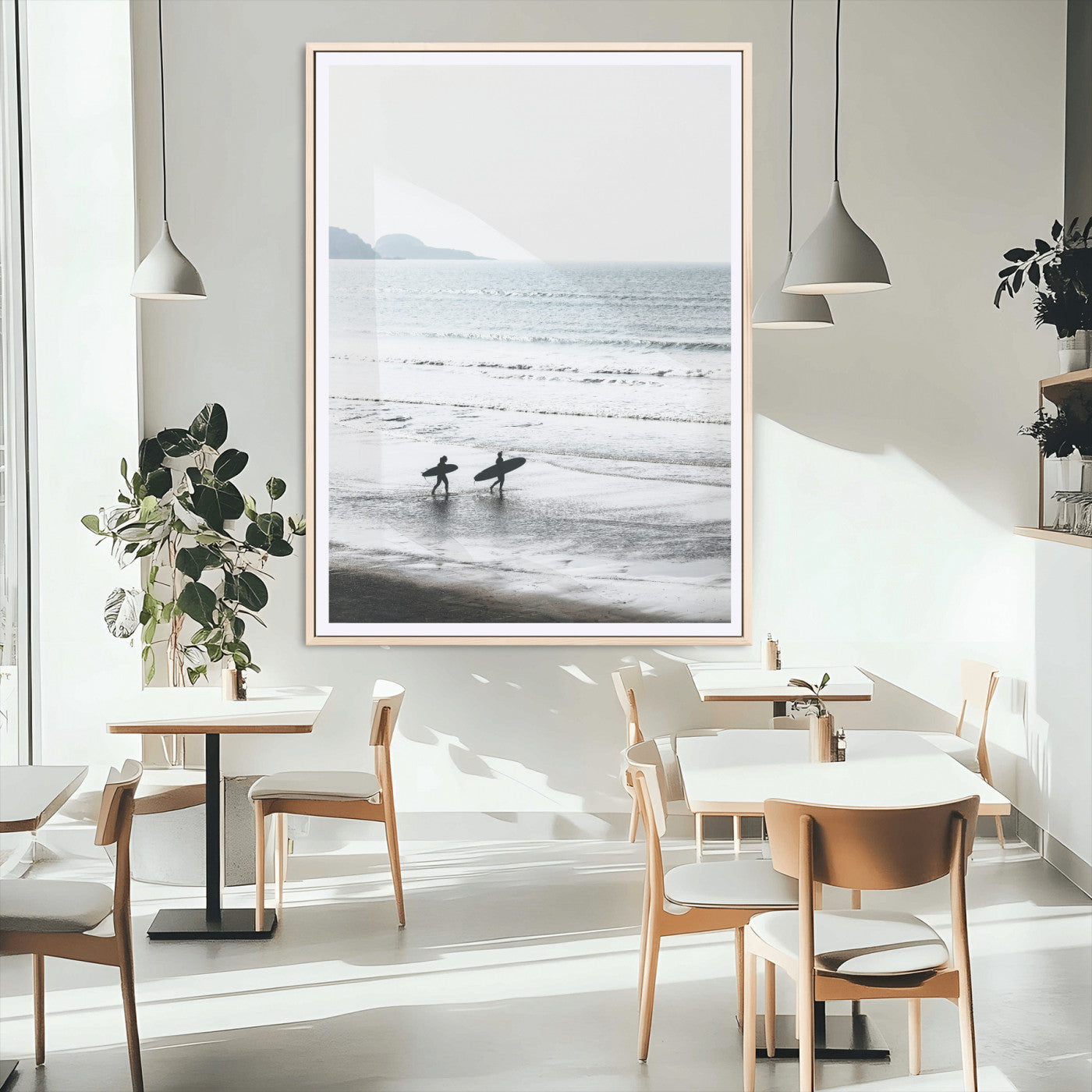 58090796-MGC-FP-24x36_Natural-Surfer Silhouettes Wall Art Canvas Print, Framed Minimalist Ocean Art Picture Print, Soft Horizon Perfect Minimalist Coastal Decor