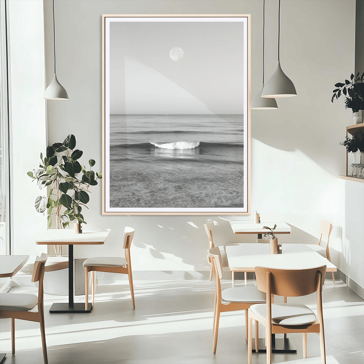 10207552-MGC-FP-24x36_Natural-Minimalist Ocean Moon Wall Art – Black and White Seascape Photography Print, Coastal Decor, Calm Ocean Waves with Full Moon for