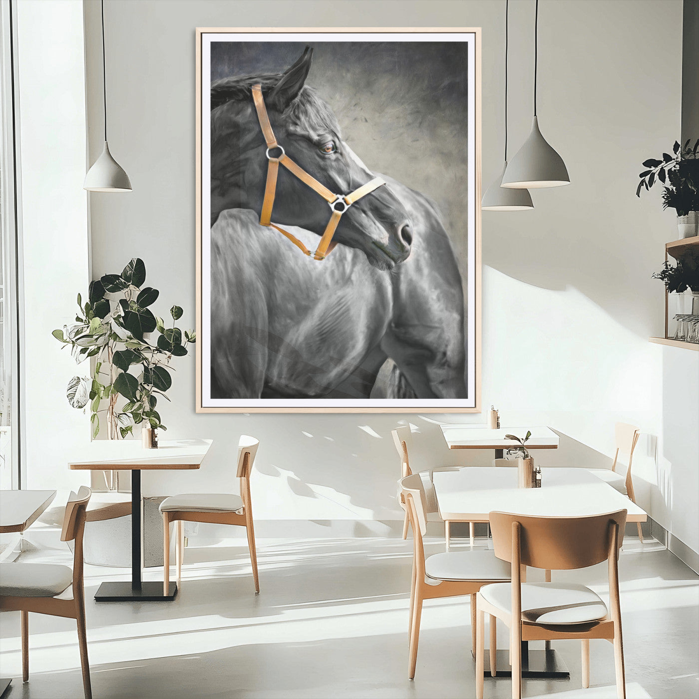40324916-MGC-FP-24x36_Natural-Horse Wall Art – Equestrian Canvas Print, Elegant Black Stallion Portrait with Golden Halter, Rustic Western Photography Decor for