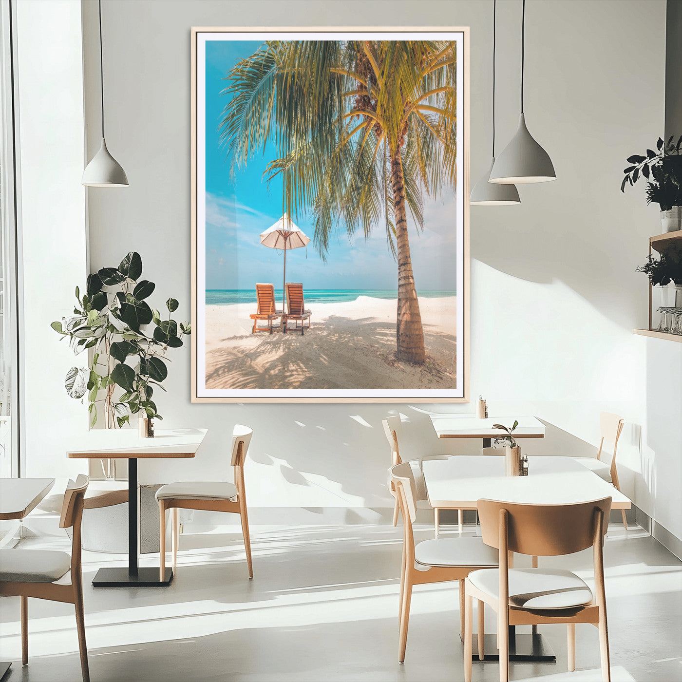 51024-MGC-FP-24x36_Natural-Tropical Beach Wall Art Canvas Print, Framed Palm Tree Art Picture Print, Sandy Shoreline Perfect Minimalist Coastal Decor Artwork