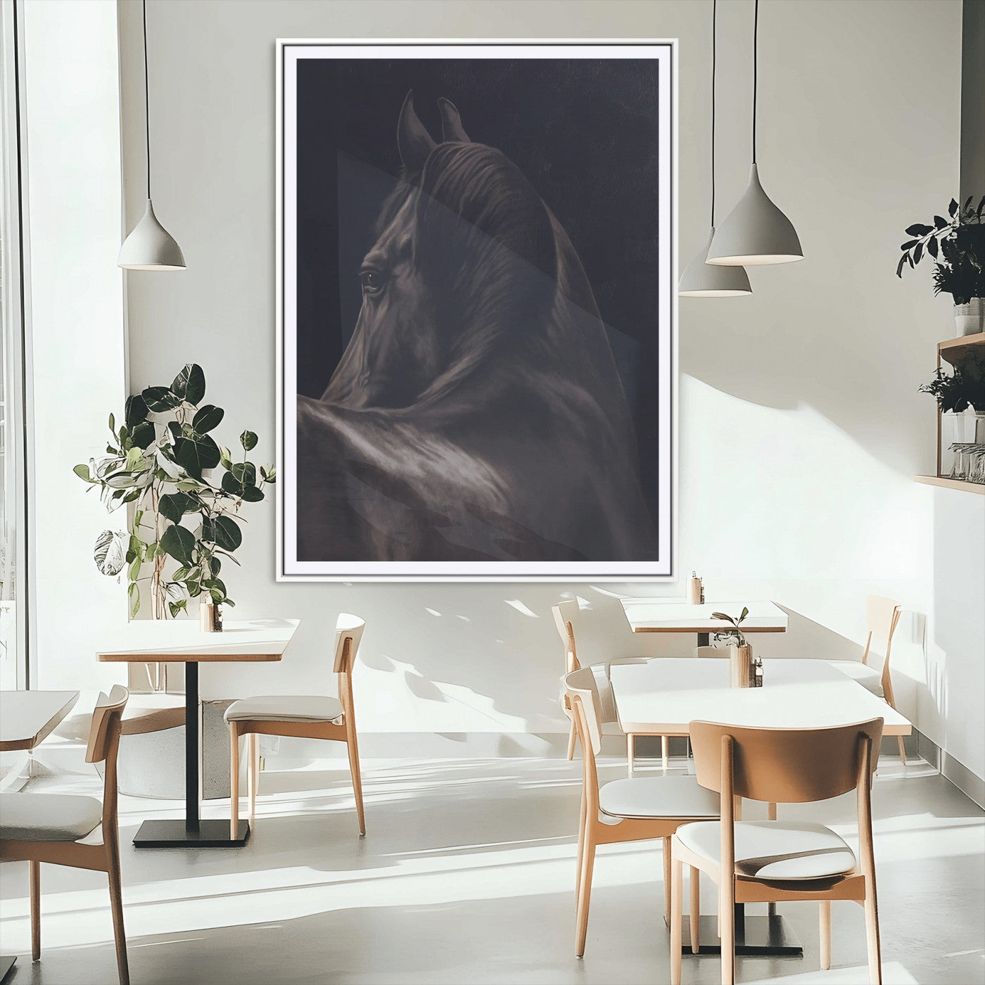 67026880-MGC-FP-24x36_White-Black Horse Portrait Wall Art Canvas Print, Framed Moody Horse Decor Art Picture Print, Equestrian Wall Style Perfect Masculine