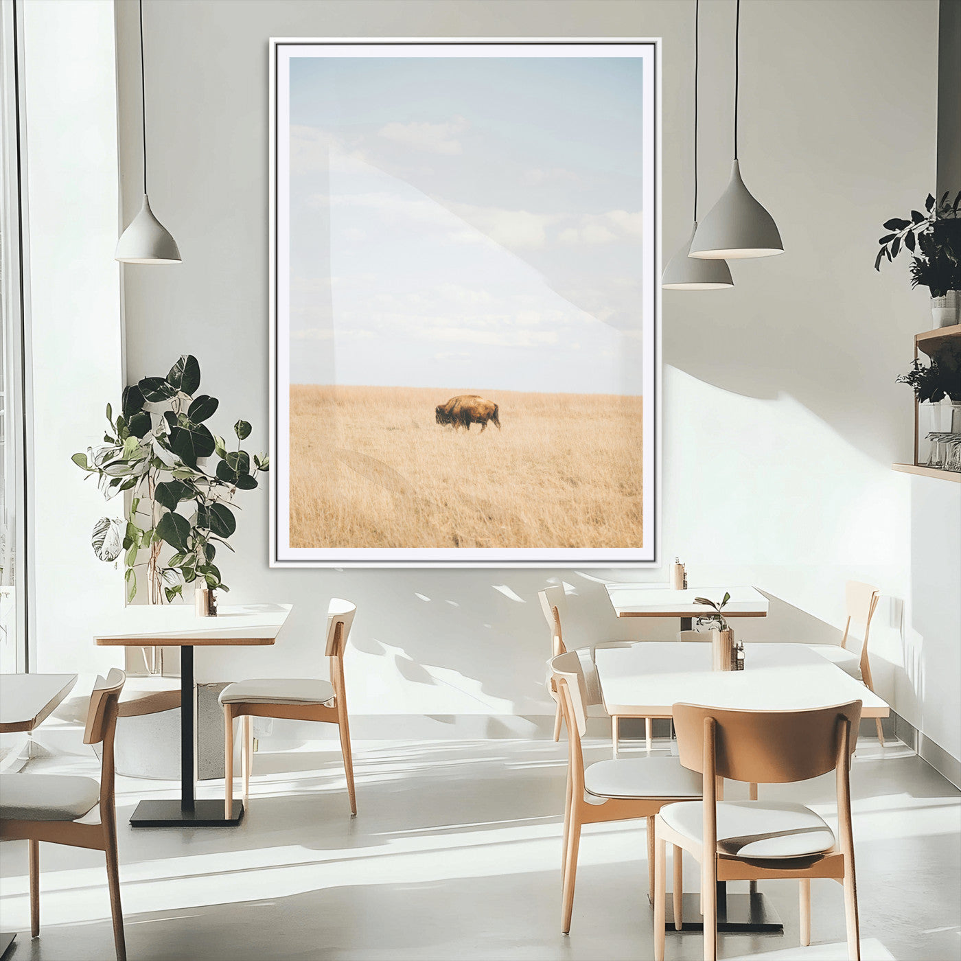 96766166-MGC-FP-24x36_White-Minimalist Nature Wall Art Canvas Print, Framed Bison In Grassland Art Picture Print, Open Field Perfect Modern Ranch Decor Decor