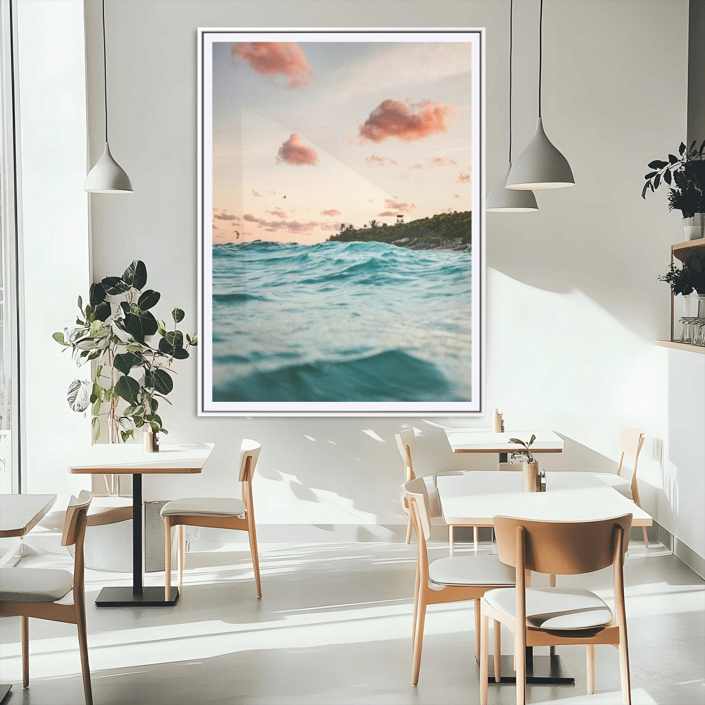13960366-MGV-CV-24X36-Tropical Seascape Wall Art Canvas Print, Framed Sunset Ocean Art Picture Print, Coastal Aesthetic Perfect Coastal Bohemian Decor