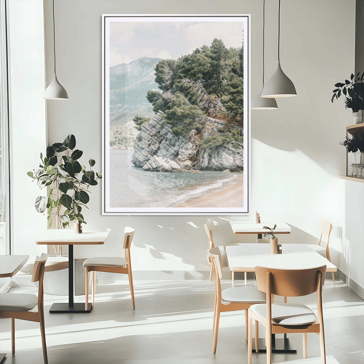 82638964-MGC-FP-24x36_White-Coastal Wall Art – Rocky Cliff and Pine Trees Canvas Print, Scenic Mountain and Shoreline Photography Decor for Bedroom, Living