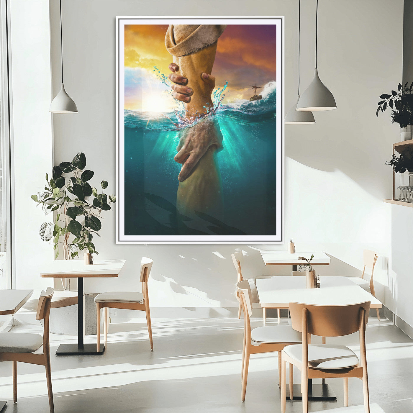 68298058-MGC-FP-24x36_White-Inspirational Wall Art – Helping Hands Canvas Print, Powerful Ocean and Light Photography Decor for Bedroom, Living Room, Office