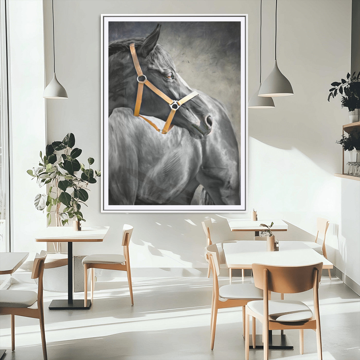 40324916-MGC-FP-24x36_White-Horse Wall Art – Equestrian Canvas Print, Elegant Black Stallion Portrait with Golden Halter, Rustic Western Photography Decor for