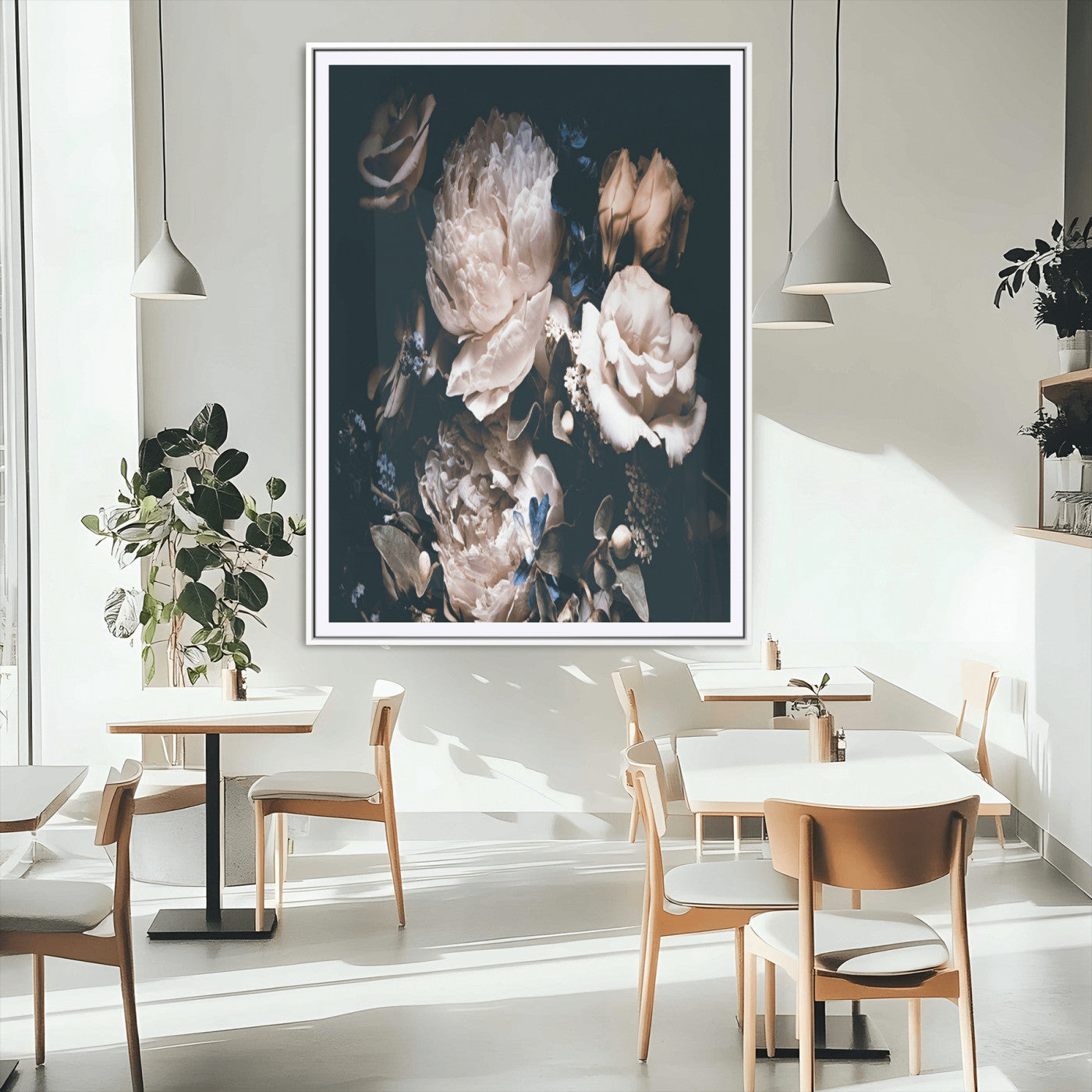 47195-MGC-FP-24x36_White-Moody Peonies Wall Art Canvas Print, Framed Dark Floral Art Picture Print, Creamy Rose Perfect Baroque Floral Decor Artwork