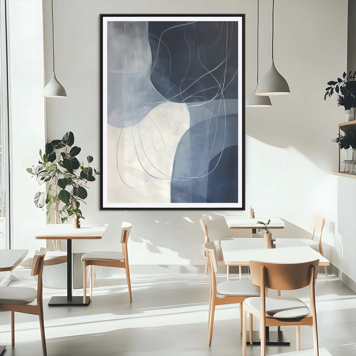 62566633-MGC-FP-24x36_Black-Navy Abstract Wall Art Canvas Print, Framed Minimal Lineart Art Picture Print, Abstract Shapes Perfect Minimalist Abstract Decor