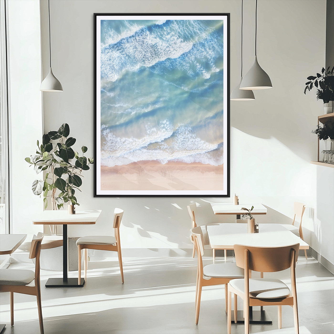 81208260-MGC-FP-24x36_Black-Aerial Ocean Wall Art Canvas Print, Framed Blue Waves Art Picture Print, Sandy Shoreline Perfect Modern Coastal Decor Artwork