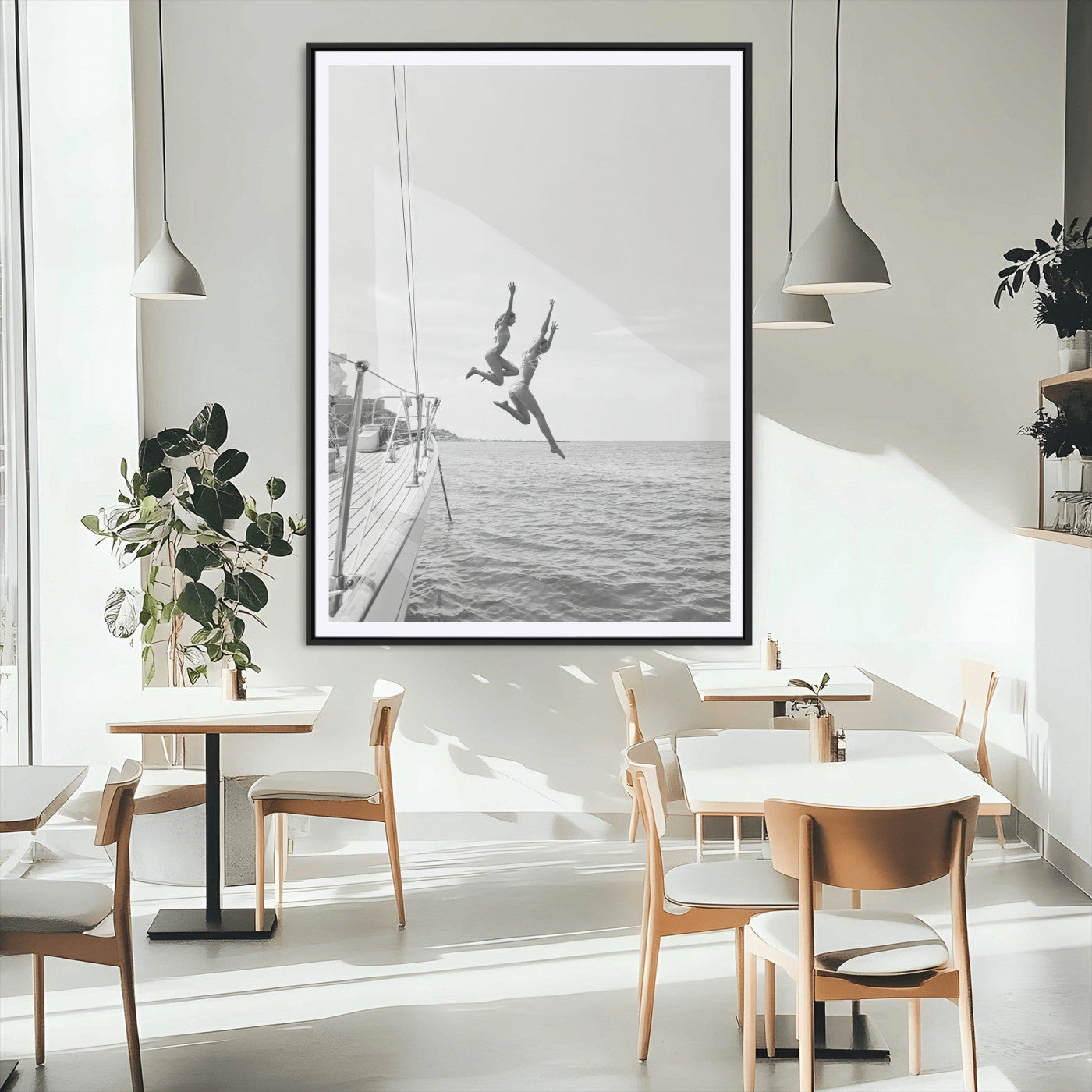74555508-MGC-FP-24x36_Black-Black White Sailing Wall Art Canvas Print, Framed Ocean Adventure Art Picture Print, Summer Energy Perfect Modern Minimalism Decor