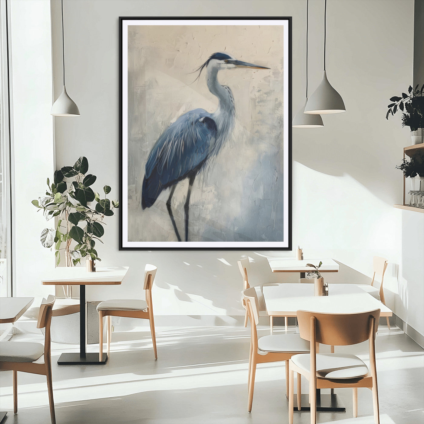 51380726-MGC-FP-24x36_Black-Blue Heron Decor Wall Art Canvas Print, Framed Coastal Bird Design Art Picture Print, Minimal Heron Portrait Perfect Coastal