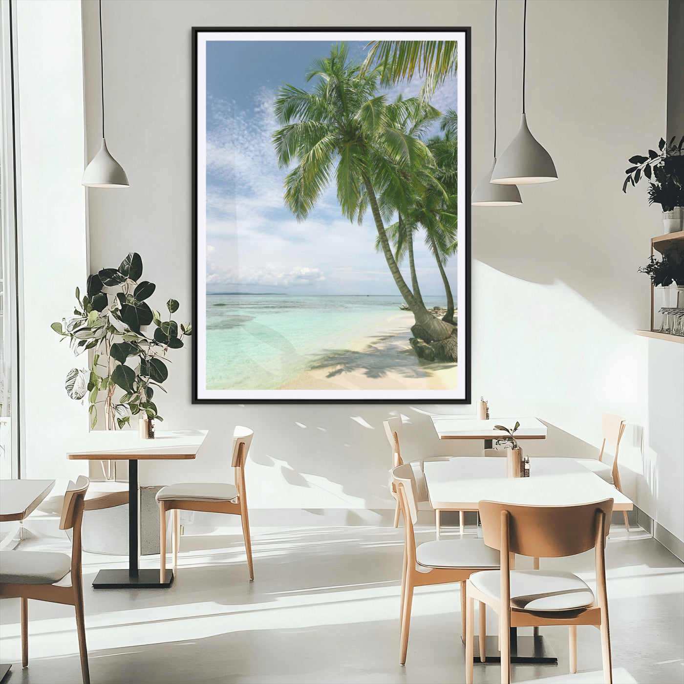 80489589-MGC-FP-24x36_Black-Tropical Beach Palm Trees Canvas Print – Island Coastal Wall Art, Bright Ocean Horizon Photography for Bathroom, Lounge & Vacation