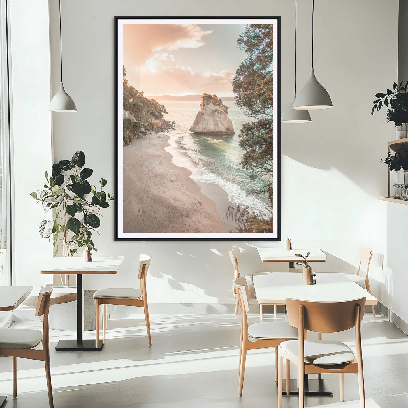 34220311-MGC-FP-24x36_Black-Coastal Rock Wall Art – Sunset Beach Canvas Print with Ocean Waves and Golden Light, Scenic Seaside Photography for Bedroom,