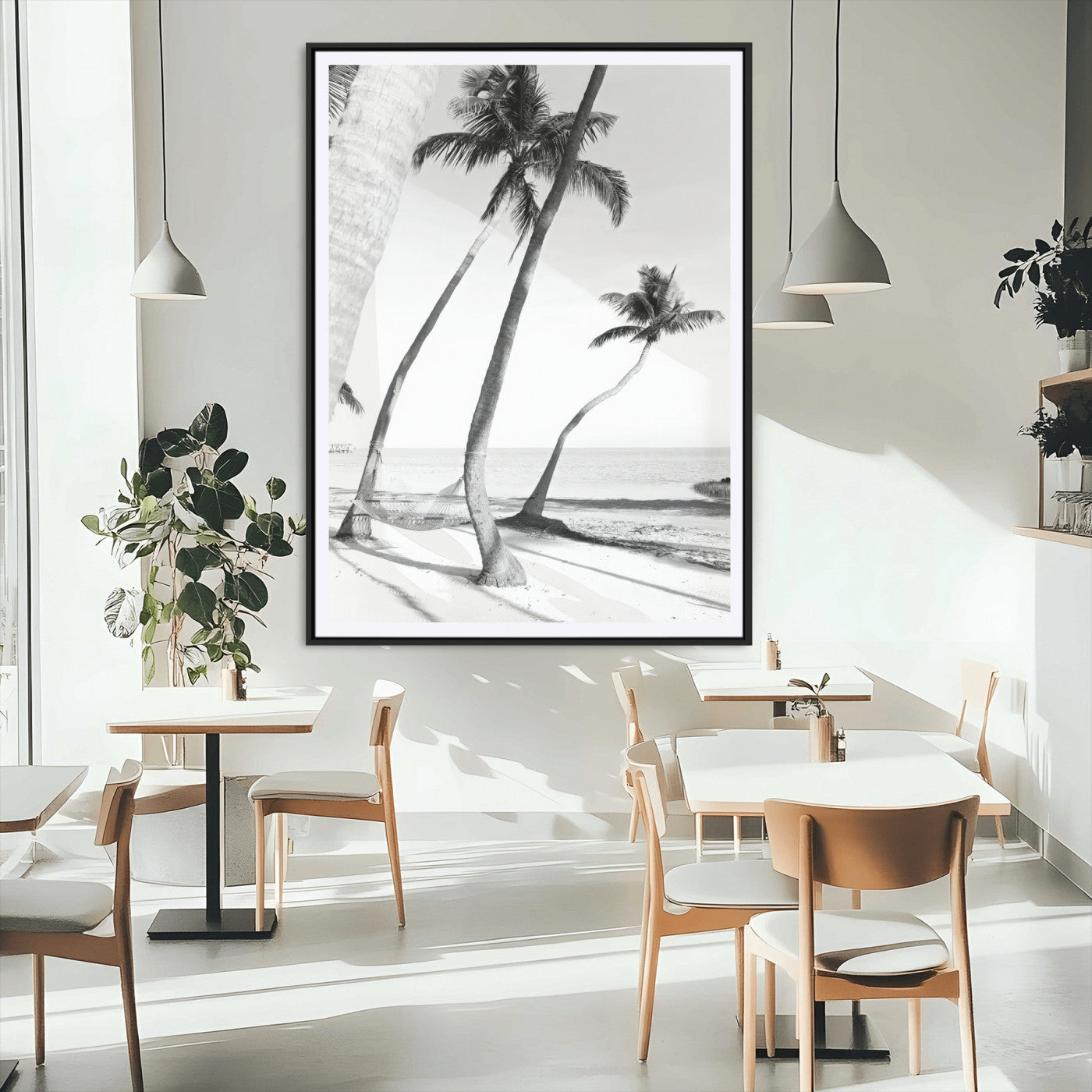 16582004-MGV-CV-24X36-Black and White Tropical Palm Trees Canvas Wall Art – Minimalist Coastal Photography, Large Framed Print for Home, Office, Living
