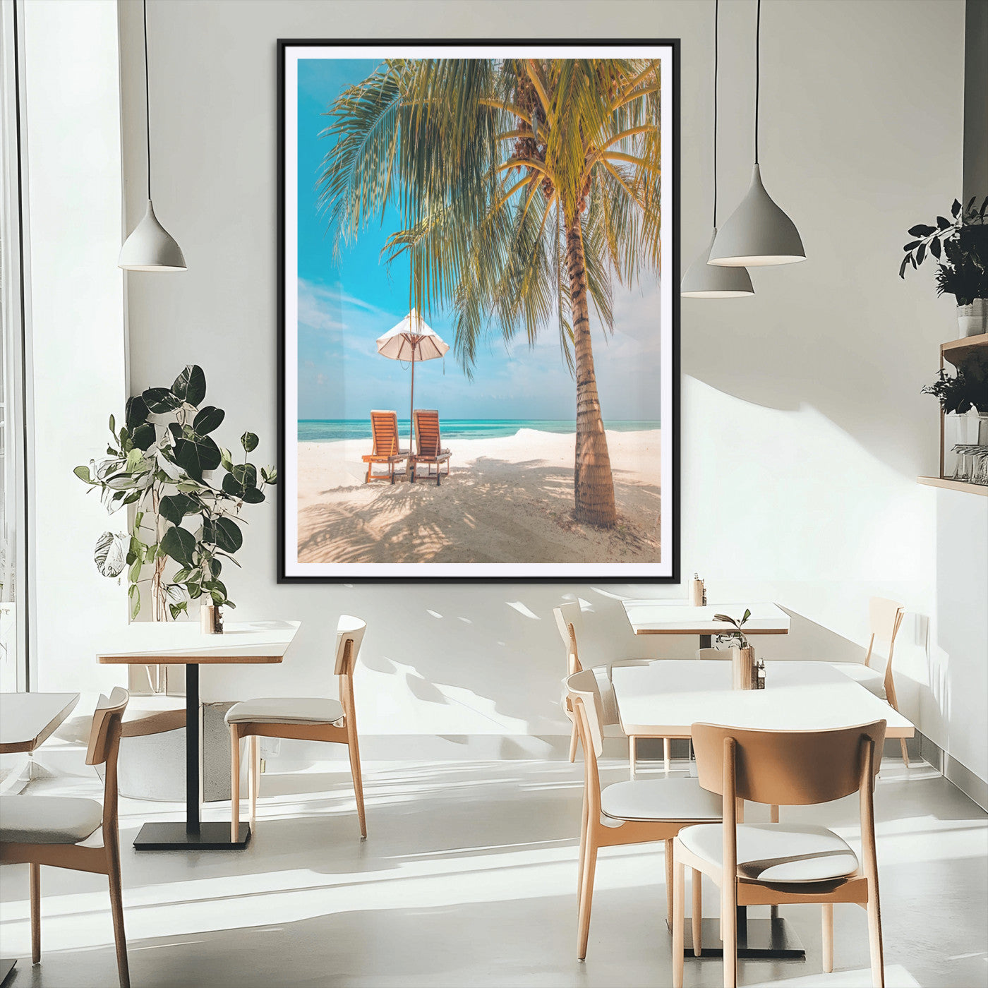 51024-MGV-CV-24X36-Tropical Beach Wall Art Canvas Print, Framed Palm Tree Art Picture Print, Sandy Shoreline Perfect Minimalist Coastal Decor Artwork