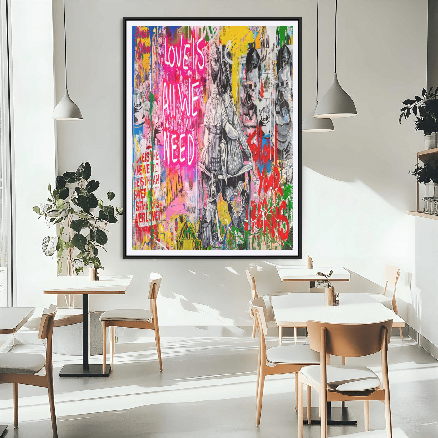 23129-MGC-FP-24x36_Black-Street Love Wall Art Canvas Print, Framed Pop Graffiti Art Picture Print, Neon Lettering Perfect Urban Pop Decor Artwork