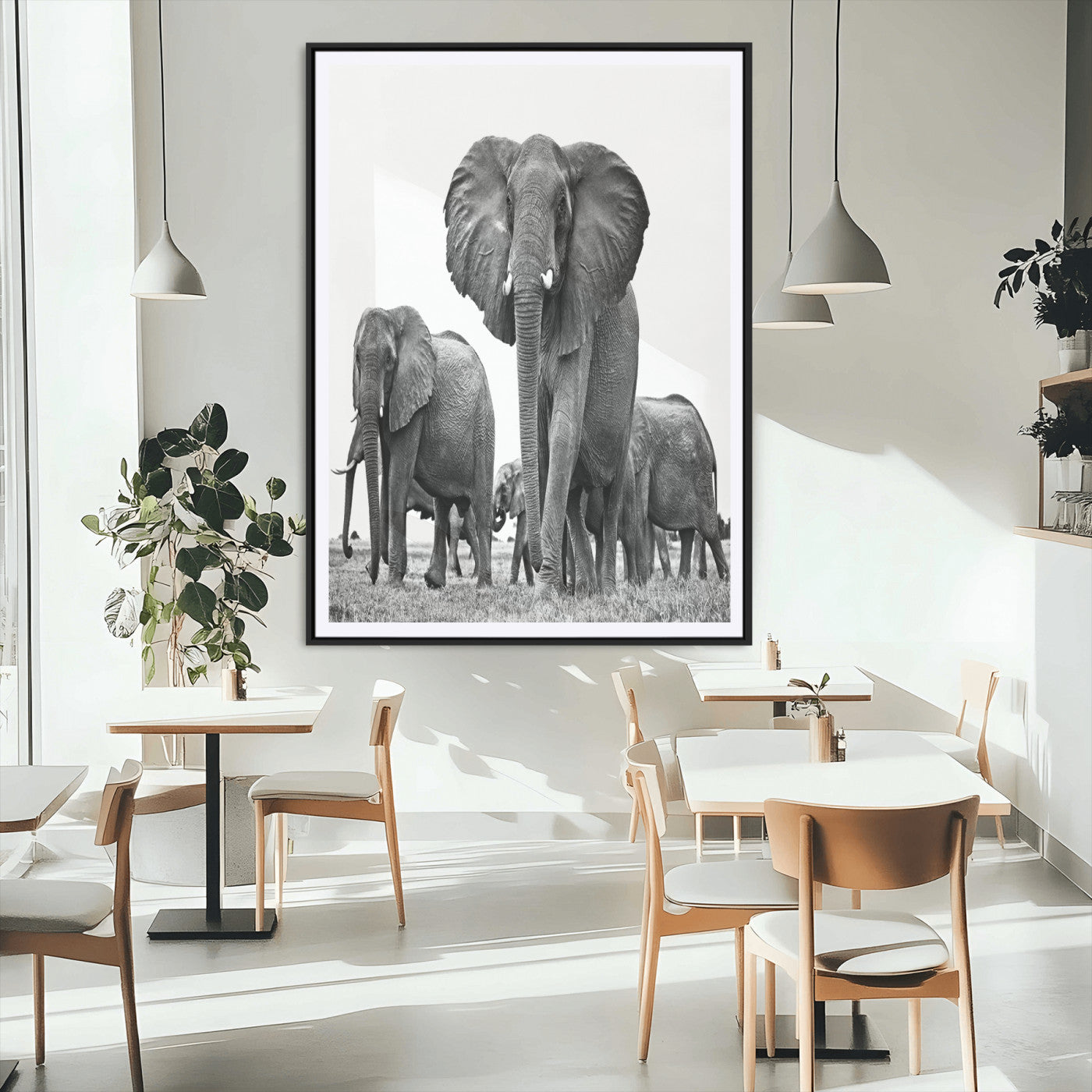 79634-MGC-FP-24x36_Black-Elephant Herd Wall Art Canvas Print, Framed African Elephant Art Picture Print, Monochrome Wildlife Perfect Monochrome Safari