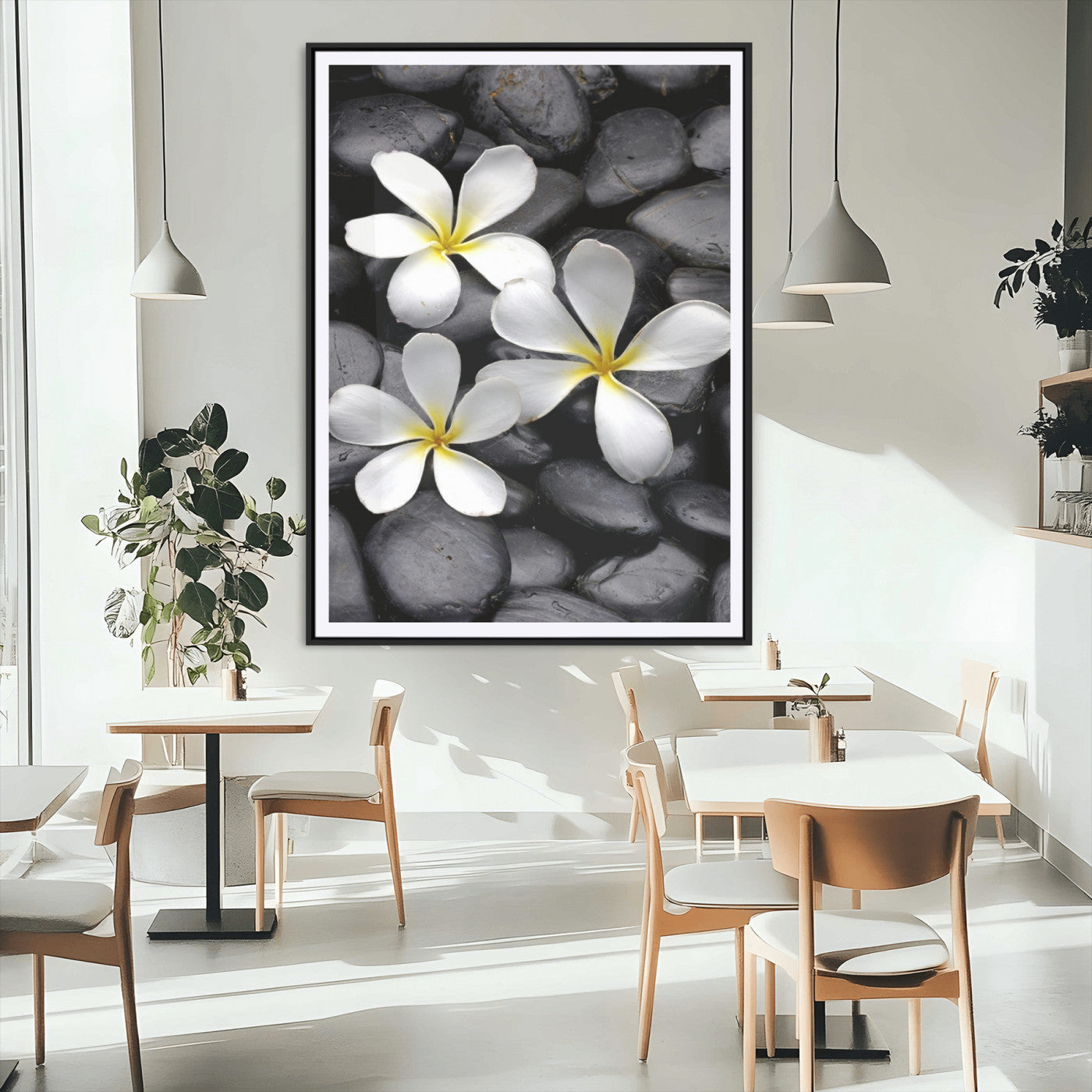45657-MGC-FP-24x36_Black-Large Wall Art White Flowers on Black Zen Meditation Stones Vertical Canvas Print