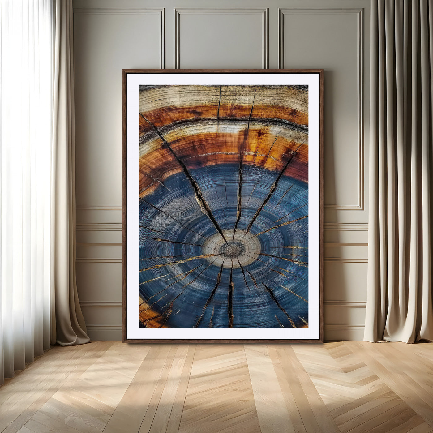 58959380-MGV-CV-24X36-Tree Rings Wall Art Canvas Print, Framed Wood Texture Art Picture Print, Blue Grain Perfect Rustic Modern Decor Artwork