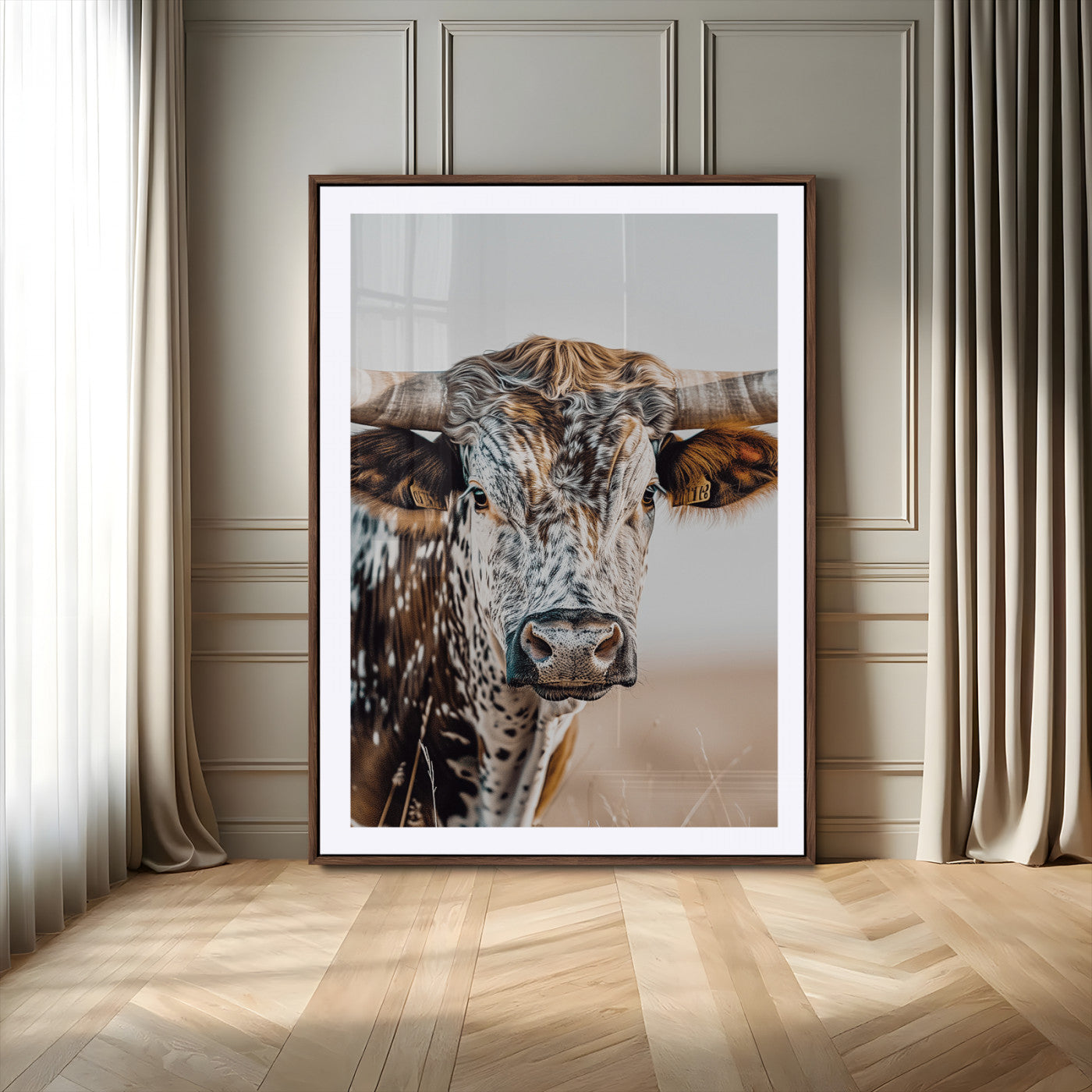 50803532-MGC-FP-24x36-Texas Longhorn Wall Art Canvas Print, Framed Speckled Cow Art Picture Print, Horned Bull Perfect Rustic Western Decor Artwork