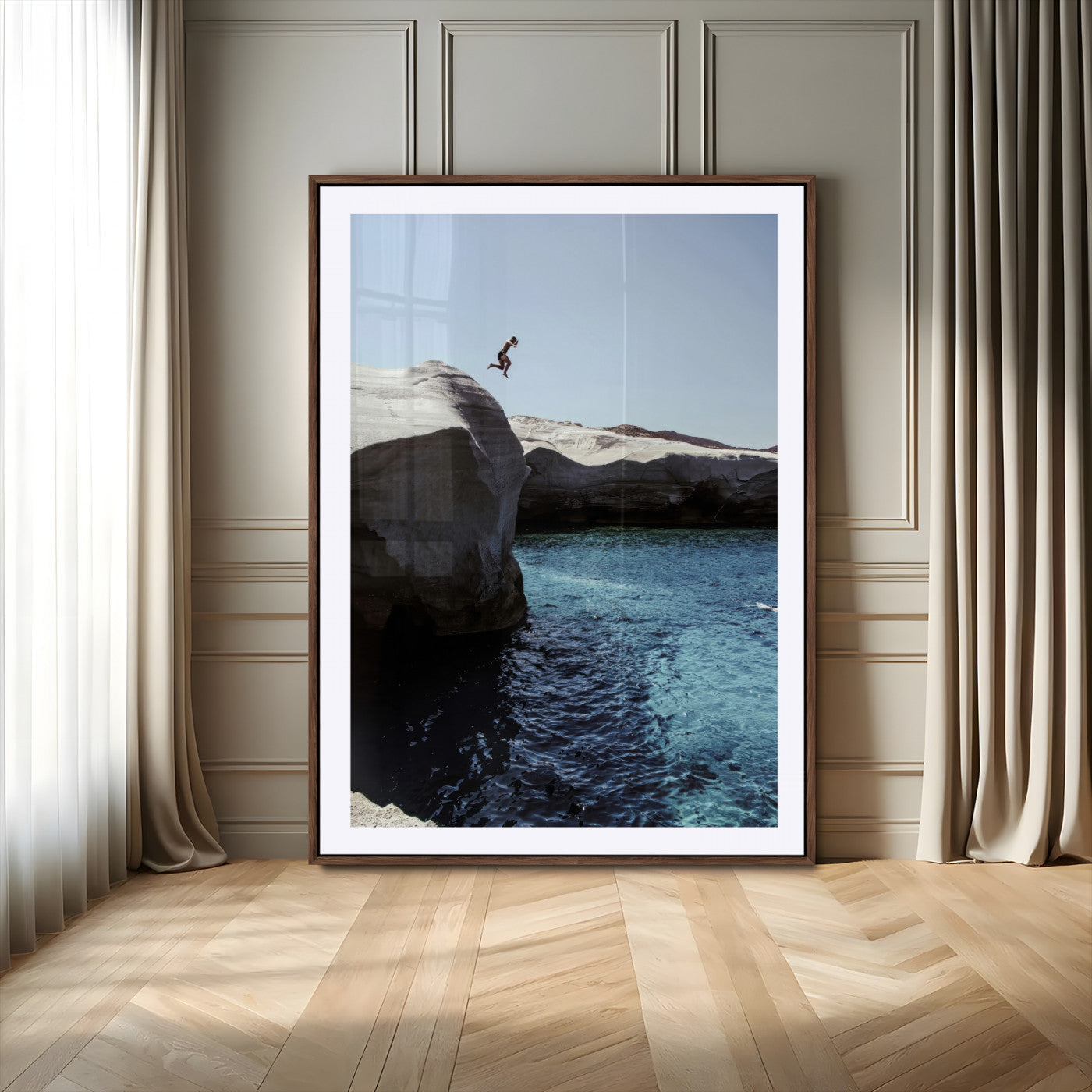 96853328-MGV-CV-24X36-Cliff Diving Wall Art Canvas Print, Framed Turquoise Sea Art Picture Print, Ocean Adventure Perfect Coastal Minimalist Decor
