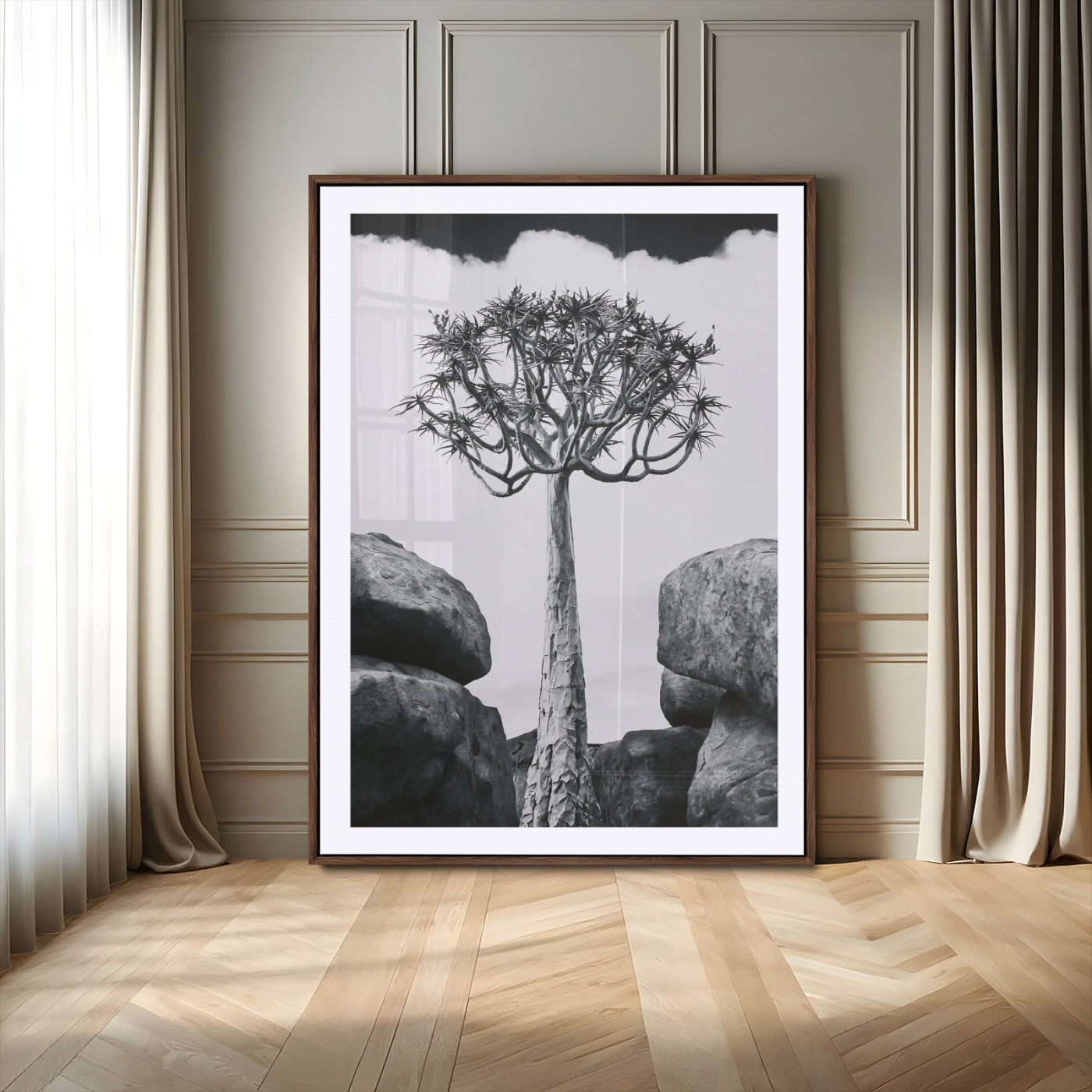 60628080-MGC-FP-24x36-Bold Tree Silhouette Wall Art Canvas Print, Framed Sculptural Tree Shape Art Picture Print, Desert Tree Perfect Modern Desert