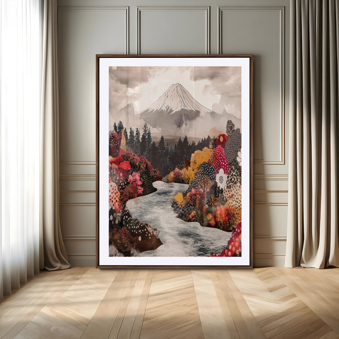96777702-MGV-CV-24X36-Mountain Wall Art Wall Art Canvas Print, Framed Cottagecore Canvas Art Picture Print, Autumn River Scene Perfect Cottagecore Boho
