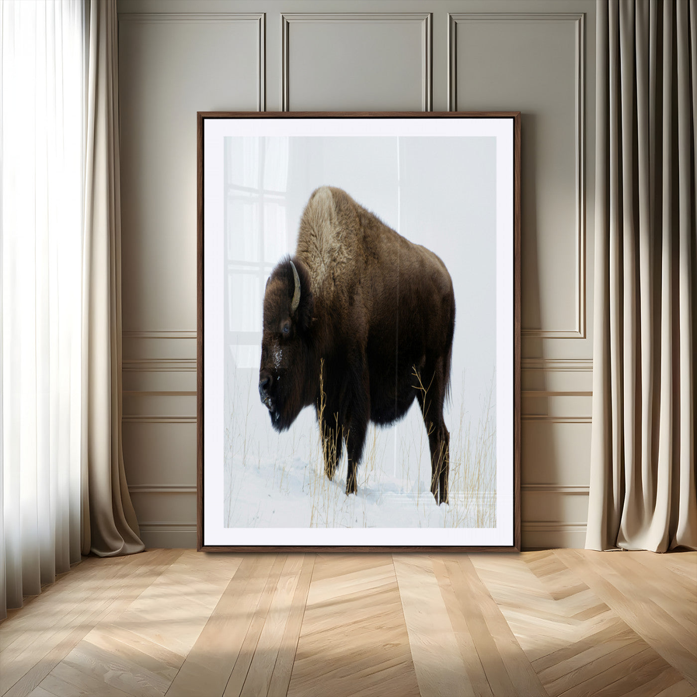 76778120-MGV-CV-24X36-Bison Photography Wall Art Canvas Print, Framed Western Wildlife Art Picture Print, Buffalo On Snow Perfect Western Rustic Decor