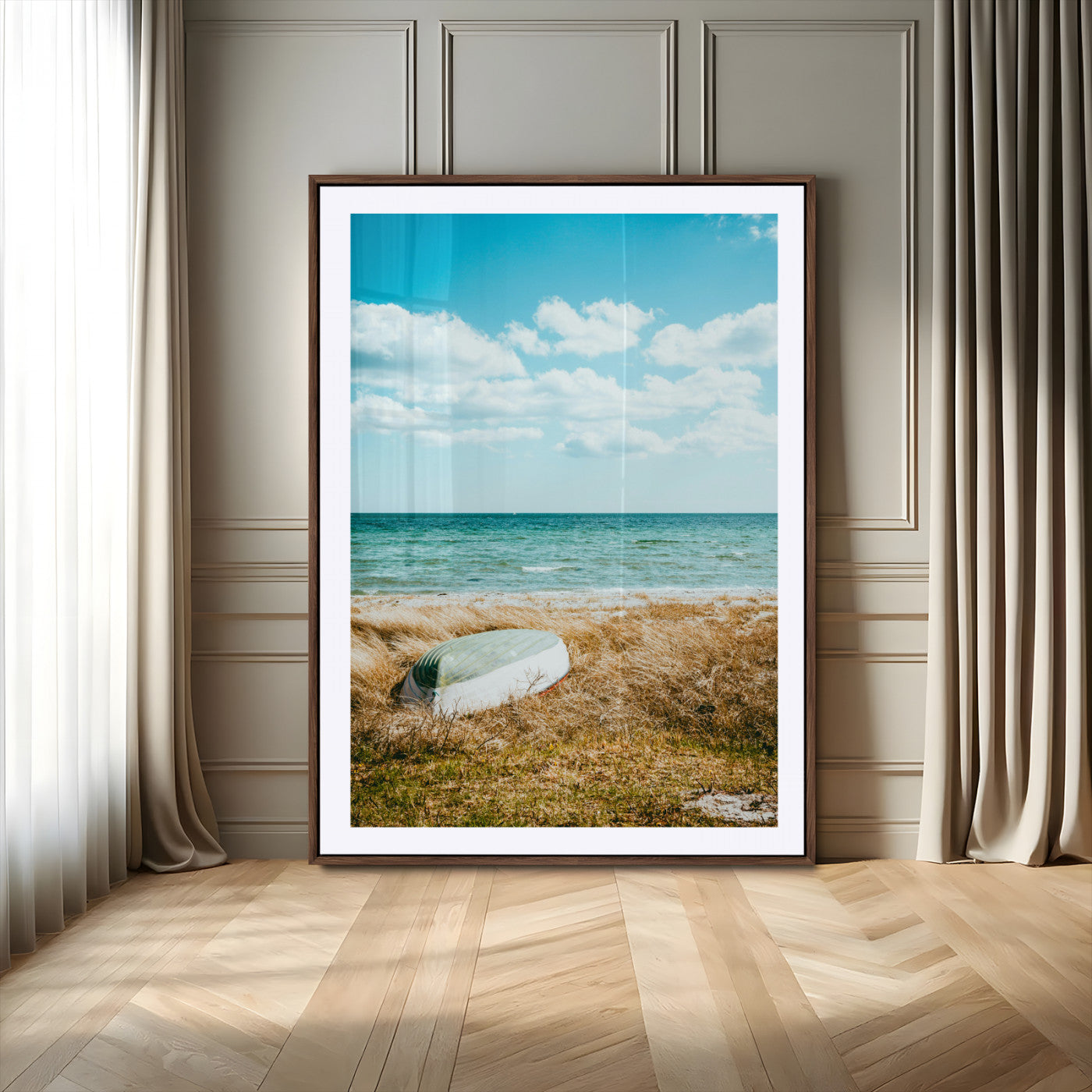21725303-MGV-CV-24X36-Coastal Serenity Wall Art Canvas Print, Framed Ocean View Art Picture Print, Rustic Boat Perfect Nautical Coastal Decor Artwork